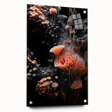 Large abstract wall art on acrylic glass featuring swirling blue and gray tones, suitable for bedroom or dining room decor.