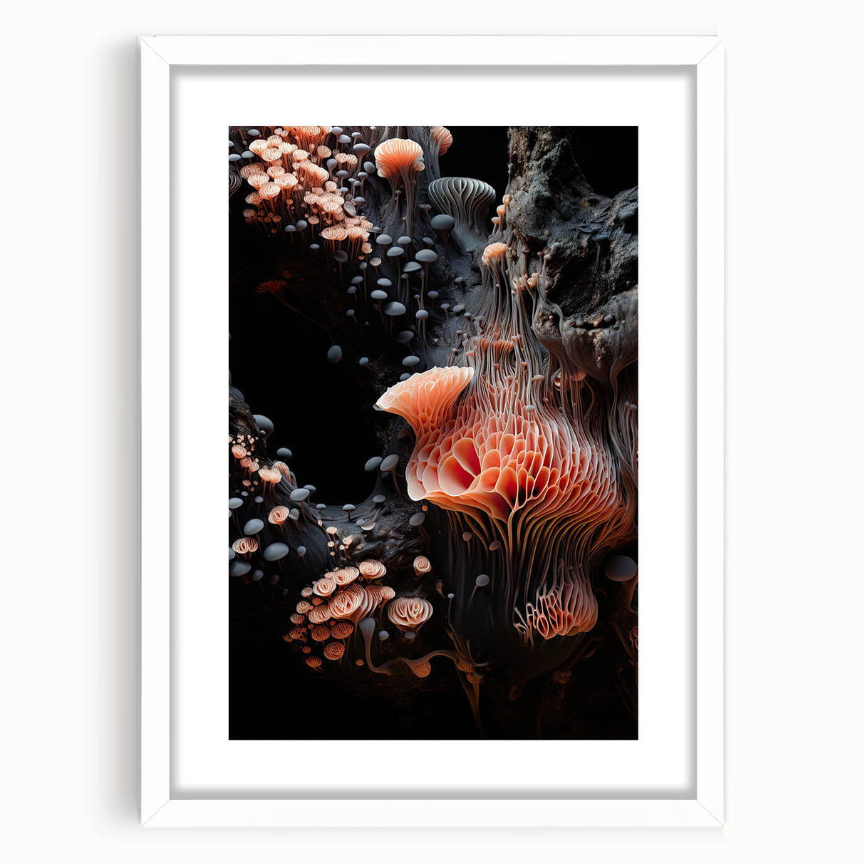 Abstract art print featuring close-up natural elements in white frame, with muted earth tones, ideal for dining room decor.