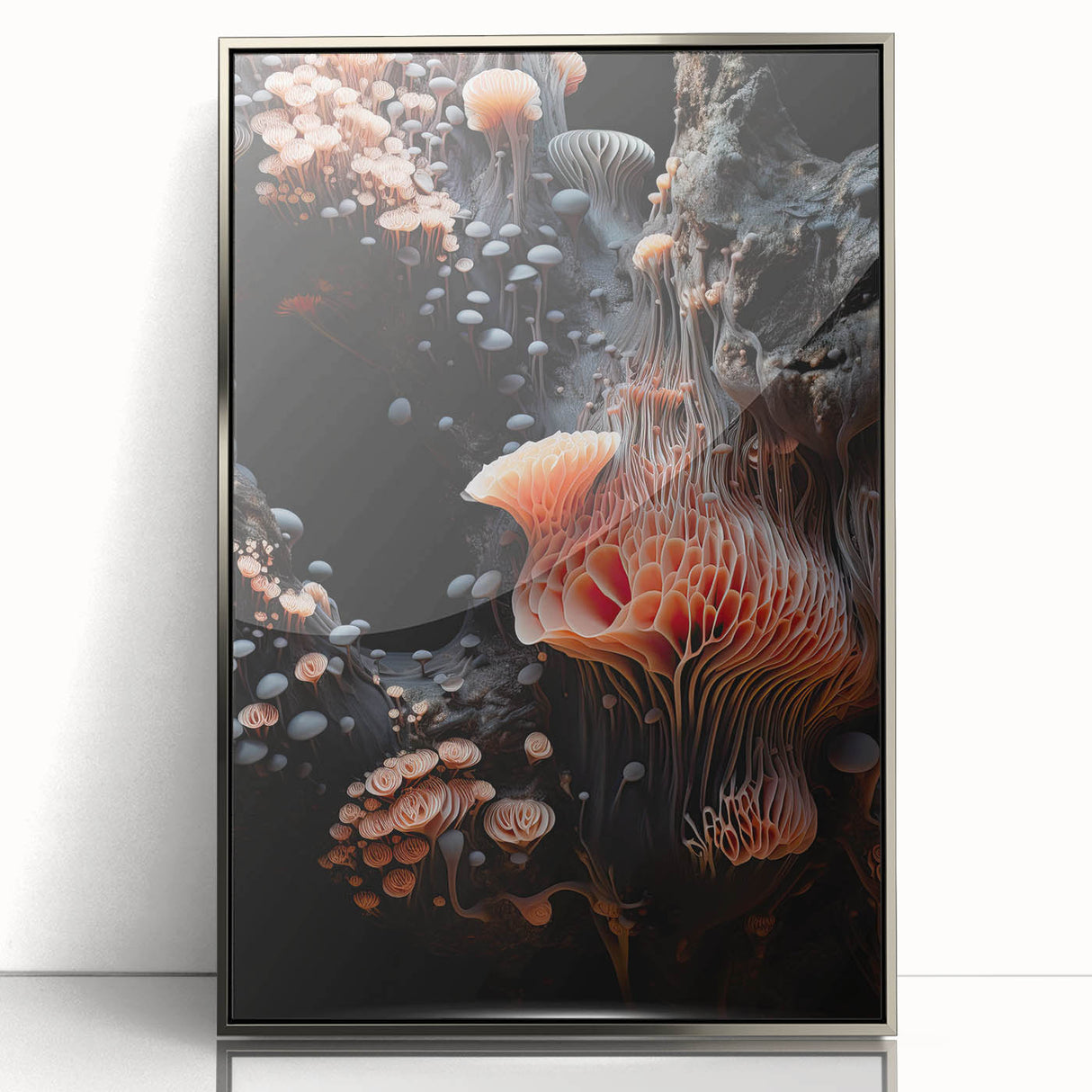 Mid-century modernist art featuring natural elements in muted earth tones, silver-framed acrylic, ideal for nursery wall art.