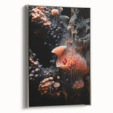 Landscape art painting featuring colorful elements on black background, in a silver-framed canvas.