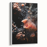 Vintage poster art on framed canvas featuring colorful natural elements against a black background.