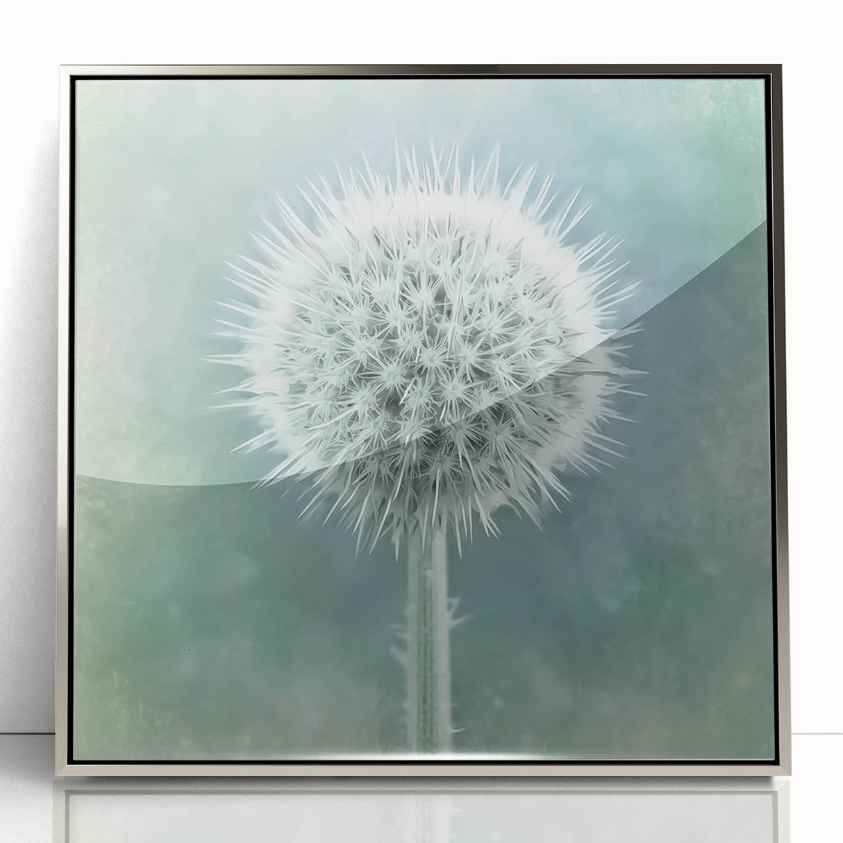 Mid-century modernist floral art in silver frame, featuring vibrant green and pink tones on acrylic.