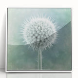 Acrylic print of close-up floral design in pastel colors, framed in white, suitable for nursery wall art.