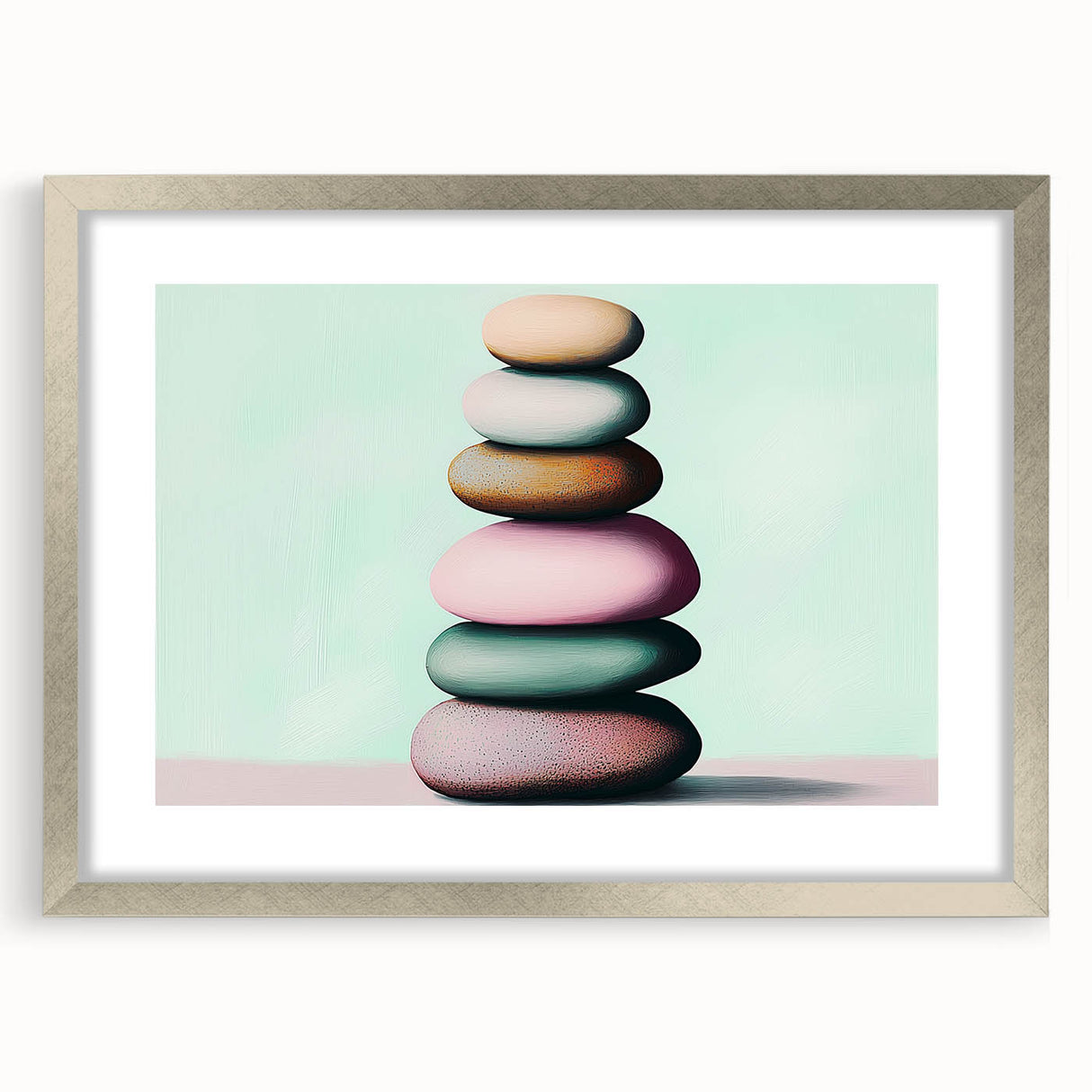 Textured abstract art print featuring close-up natural elements in muted earth tones, framed in silver.