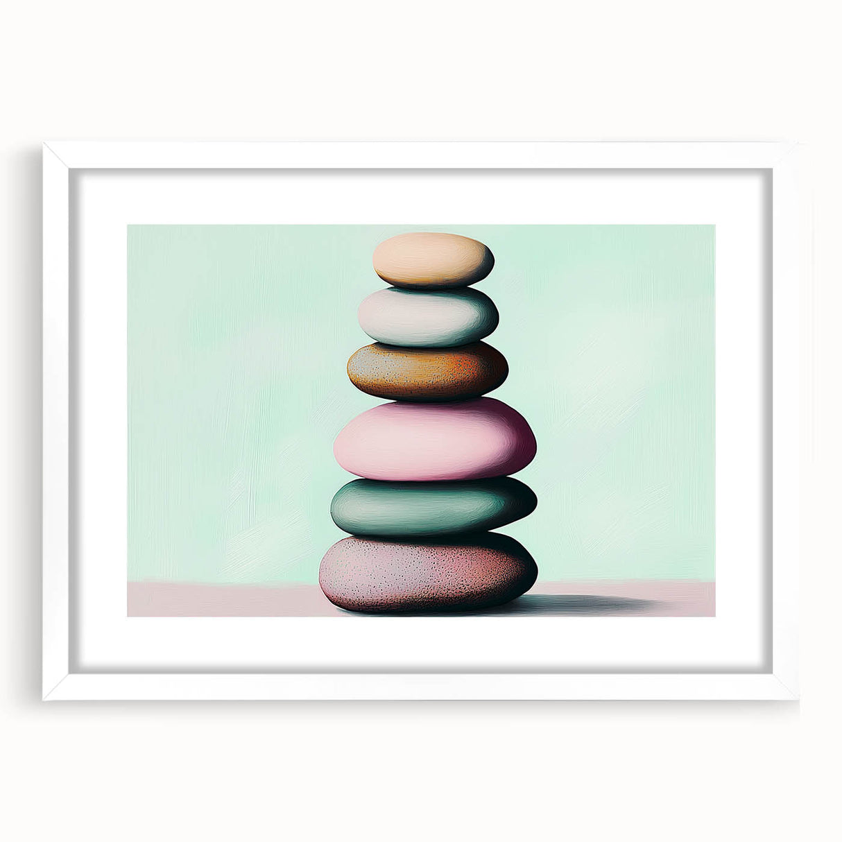 Abstract art print depicting close-ups of nature elements in muted green and brown tones, framed with a white mat.