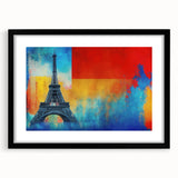 Abstract art print featuring colorful, textured depiction of Paris scenery on a large black-framed canvas.