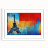 Textured art depicting an abstract Parisian streetscape in muted gray and blue tones, framed with a white mat.
