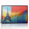 Large abstract wall art depicting a Paris skyline in muted gray and blue tones on framed acrylic.