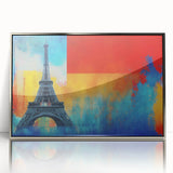 Large art print of Paris scenery in muted colors, framed in silver acrylic, suitable for modern nursery decor.