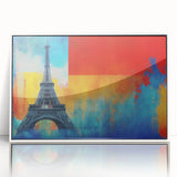 Mid-century modernist art of Paris skyline in muted gray tones on white framed acrylic, suitable for modern art wall decor.