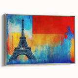 Framed landscape art painting of Paris featuring colorful vintage poster art style on black background.