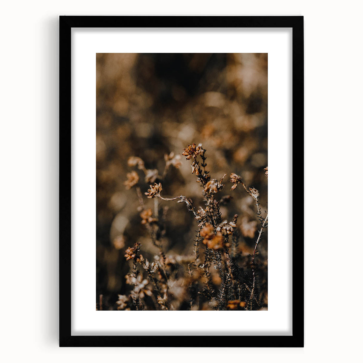 Extra large abstract art print featuring textured, colorful foliage in fall hues on a black framed canvas.