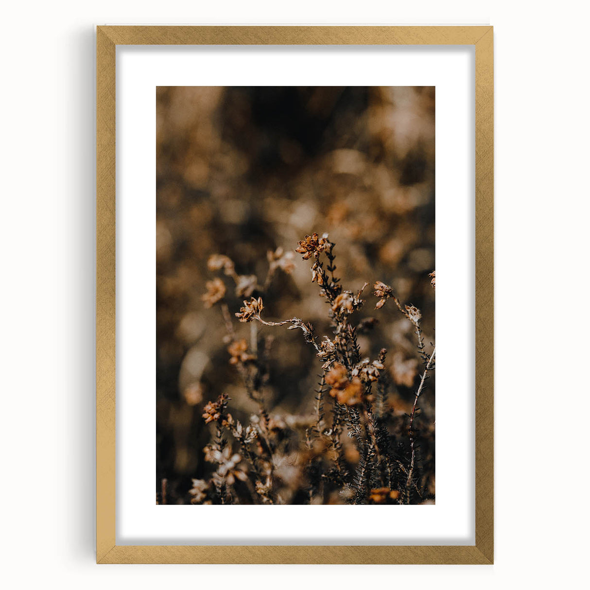 Extra large abstract art print with textured autumn colors on canvas, framed in gold, ideal for living room decor.