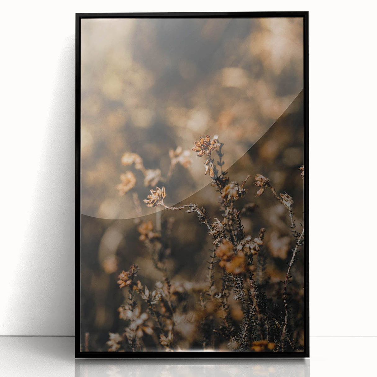 Large abstract wall art depicting fall colors in mid-century modernist style, framed in black acrylic.