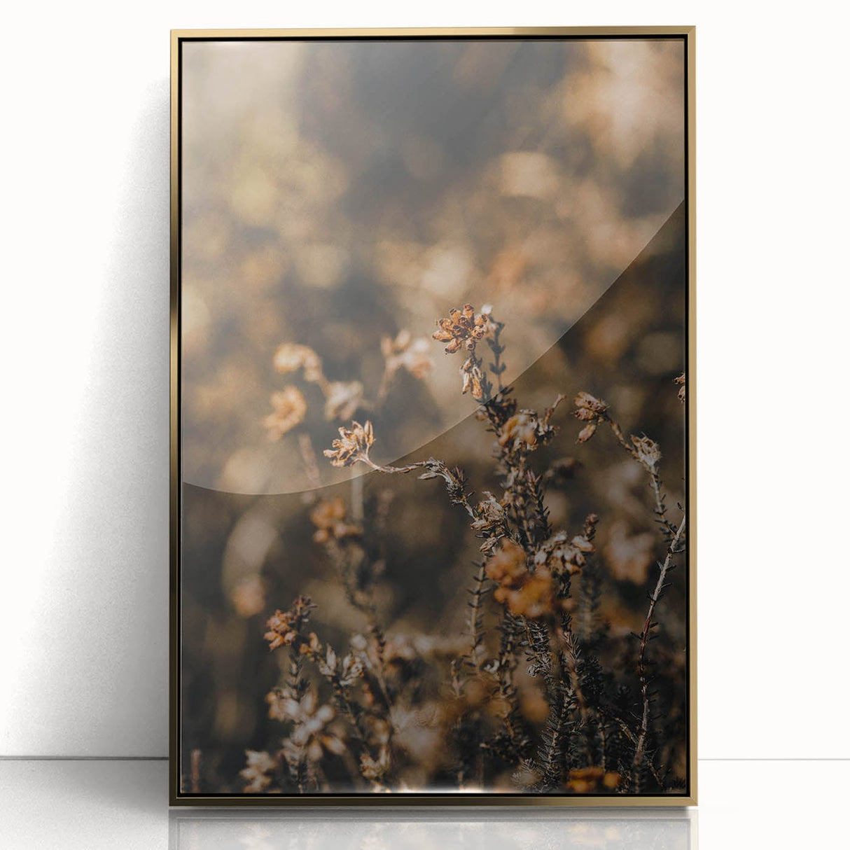 Large art print of a mid-century modernist autumn scene in gold and orange tones, framed acrylic.