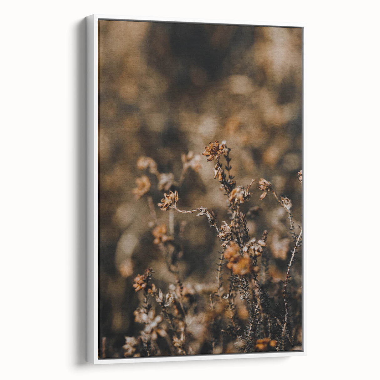 Vintage poster art of an autumnal scene on a framed canvas, featuring a palette of orange and brown.