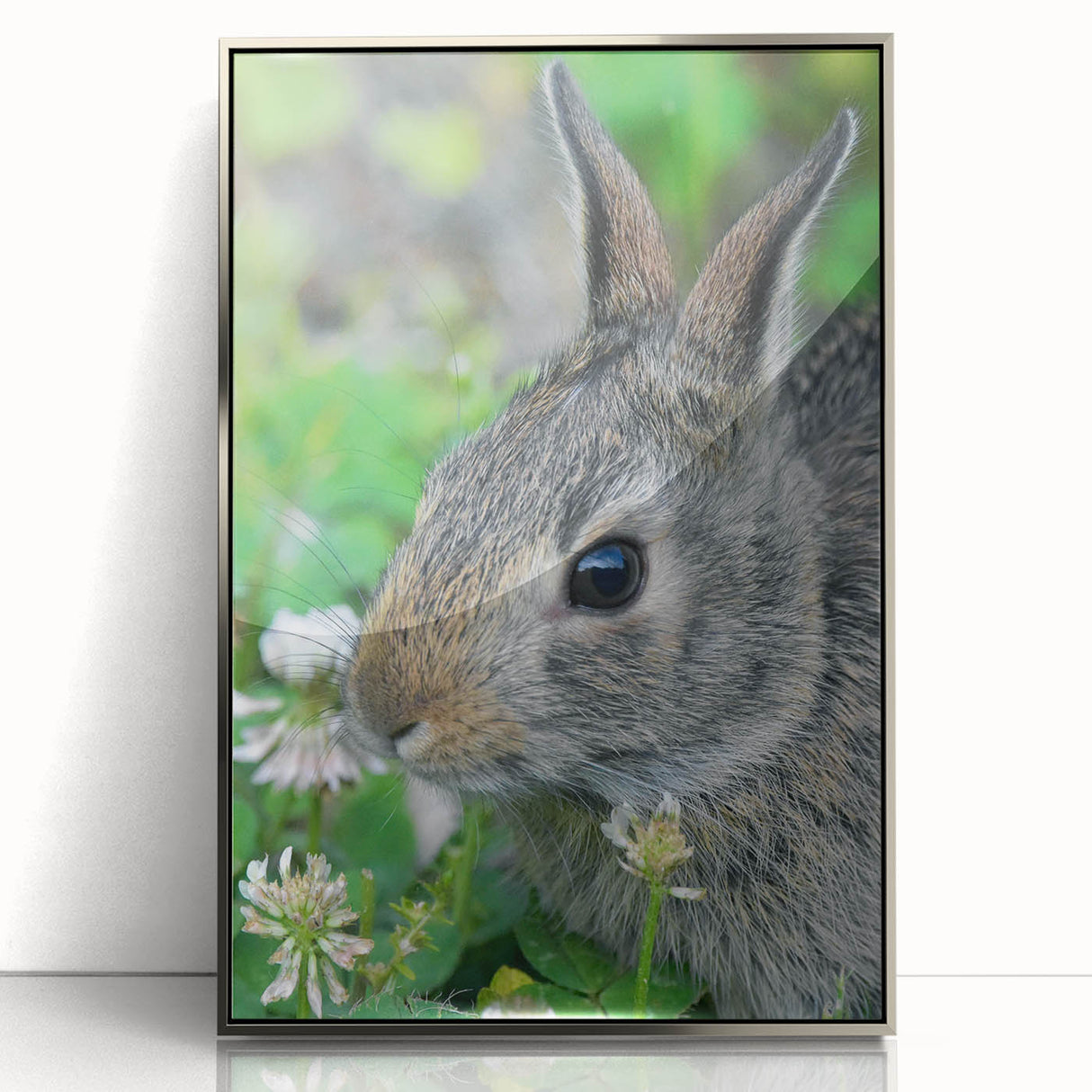 Mid-century modernist art depicting spring season in pastel shades, framed in silver acrylic, suitable for nursery wall art.