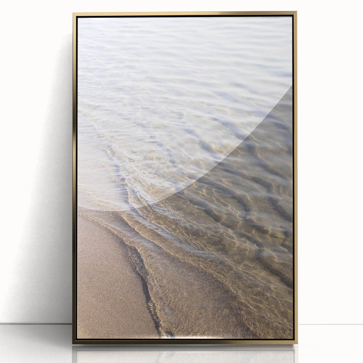 Large art print of a mid-century modernist summer scene in gold acrylic frame, ideal for nursery wall decor.
