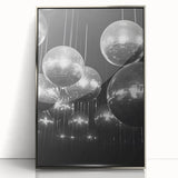 Mid-century modernist art depicting a winter scene in muted blue and white tones, framed in silver acrylic.