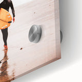 Large abstract wall art in vibrant oranges and blues on acrylic glass.