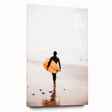 Large abstract wall art in vibrant orange and blue tones on acrylic glass, ideal for bedroom or dining room decor.