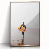 Large art print of a mid-century modernist summer scene in muted gold and blue tones on acrylic.