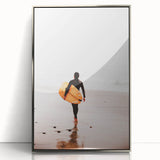 Mid-century modernist art depicting a summer scene in muted pastel shades, framed in silver acrylic.