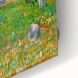 Large abstract wall art on acrylic, featuring swirling blue and yellow tones in a mid-century modernist style.