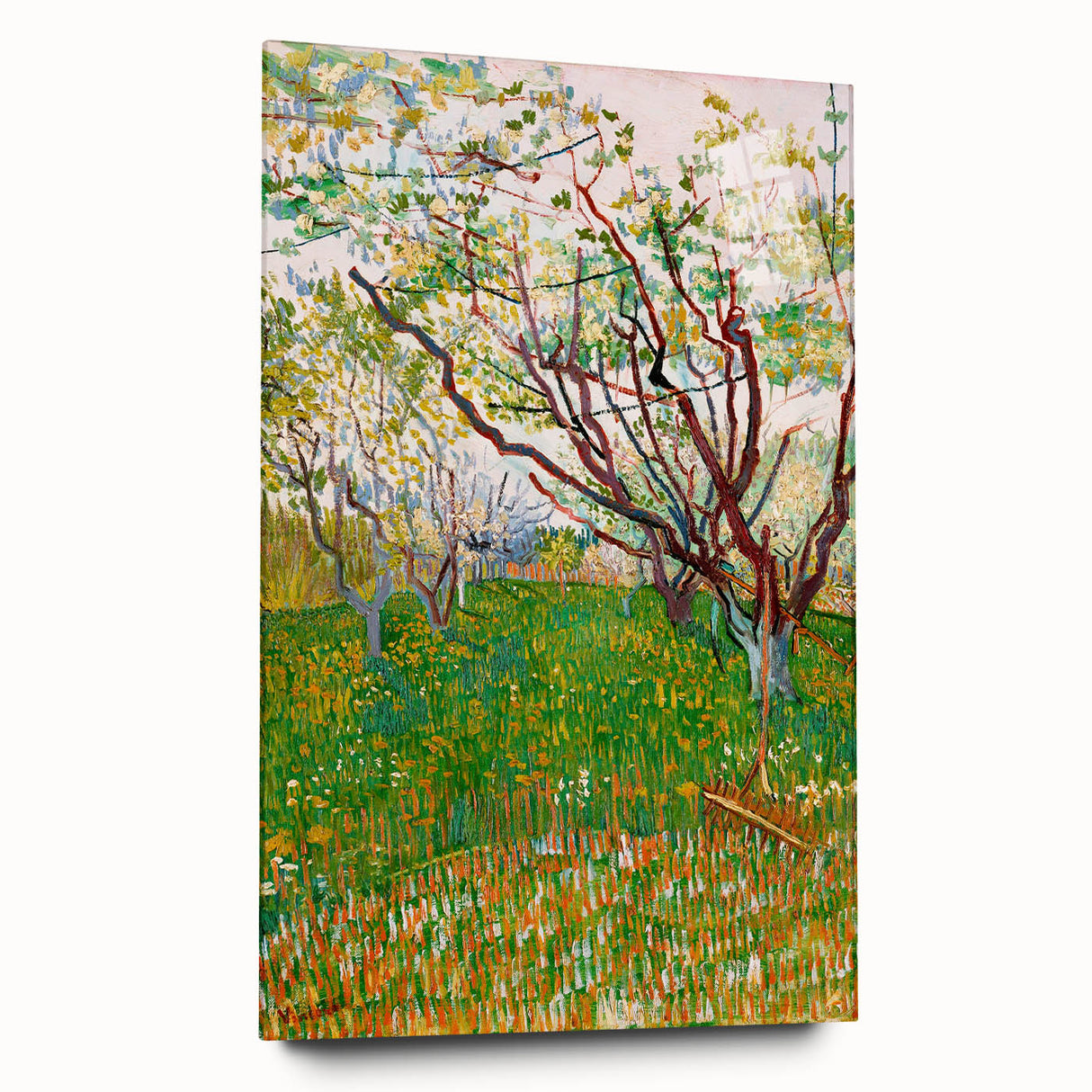 Acrylic print of a large abstract Van Gogh-inspired swirl pattern in vibrant blues and yellows.
