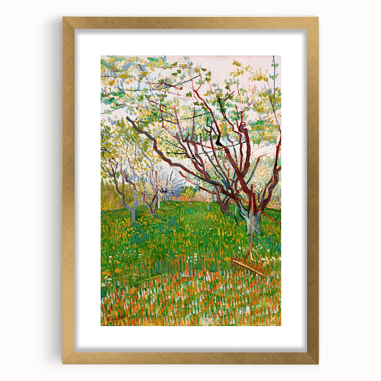 Abstract art print featuring swirling blue and yellow patterns on a gold-framed canvas.
