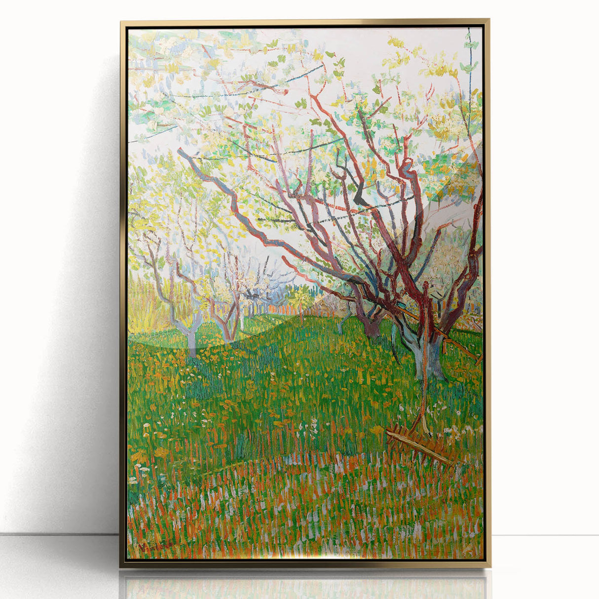 Large acrylic print of Van Gogh-inspired art in gold frame, featuring bold colors, ideal for modern art wall decor.