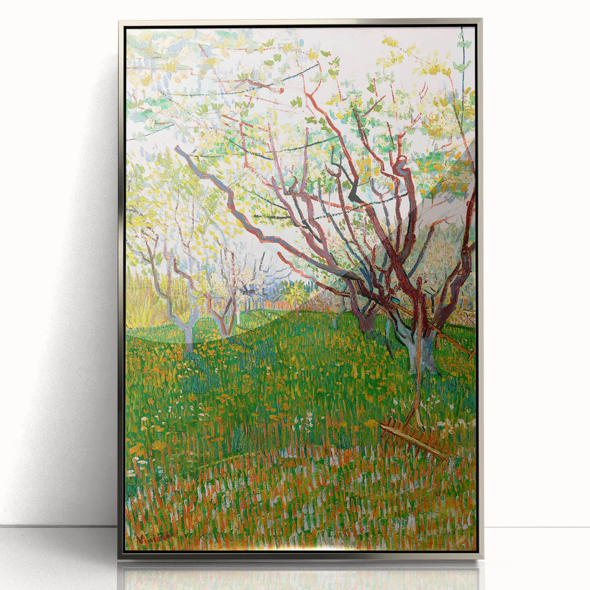 Mid-century modernist art depicting a vibrant cityscape on a silver-framed acrylic print, suitable for modern art wall decor.