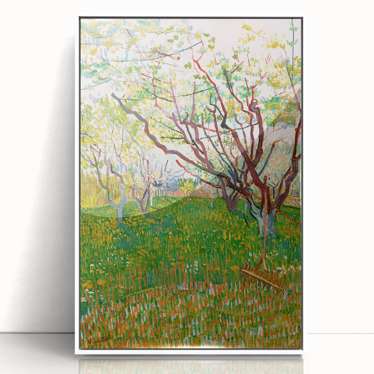 Acrylic print of Van Gogh's Starry Night in white frame, featuring swirling blue and yellow tones.