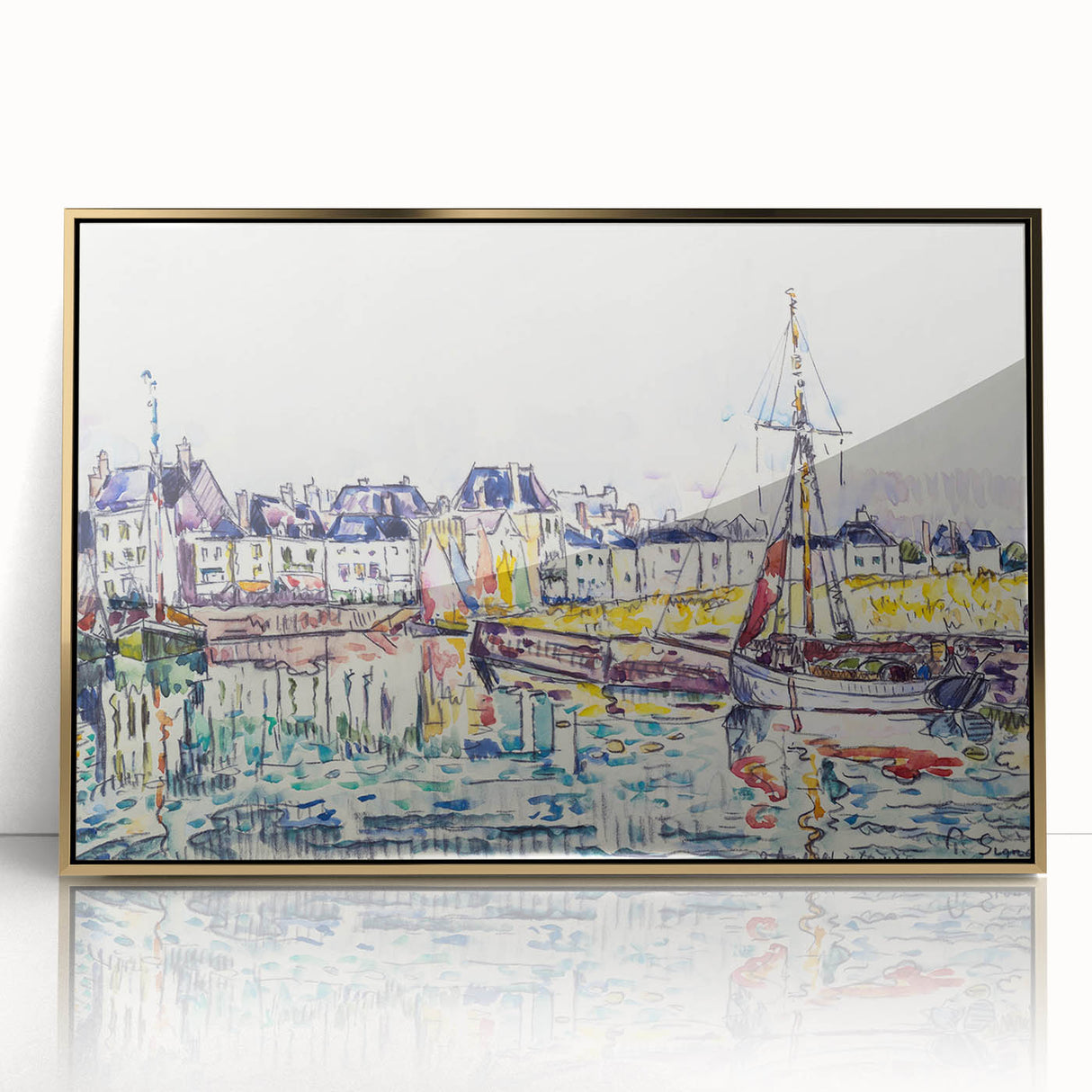 Modern Wall Art: Vibrant Waterfront Scene with Boats and Architecture