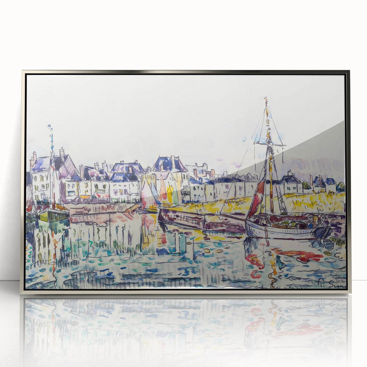 Modern Wall Art: Vibrant Waterfront Scene with Boats and Architecture