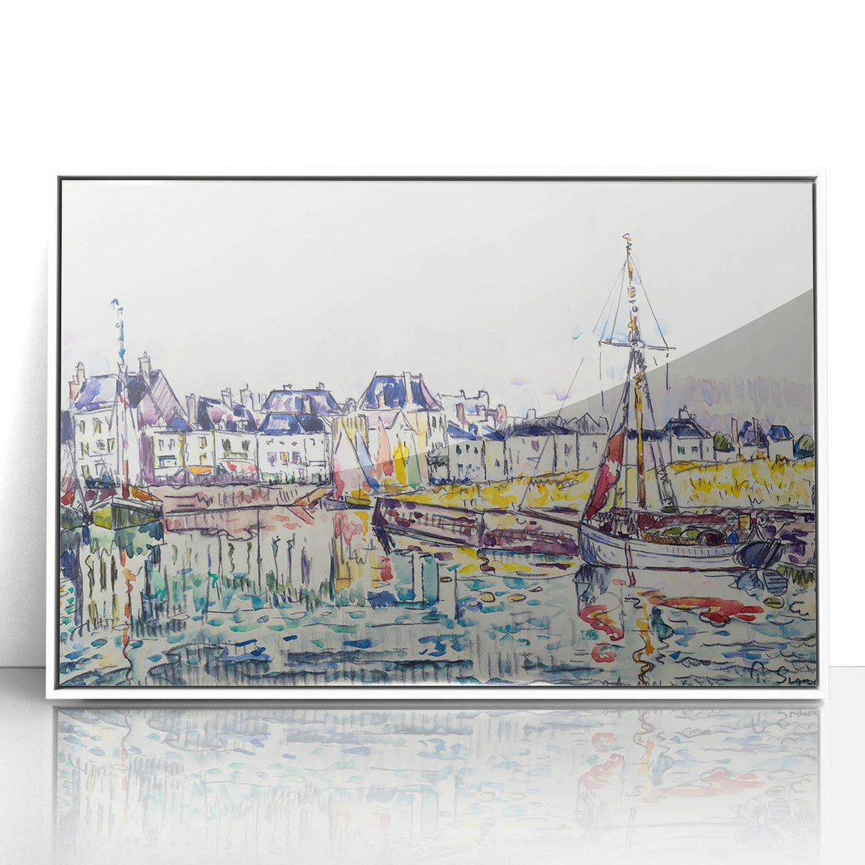 Modern Wall Art: Vibrant Waterfront Scene with Boats and Architecture