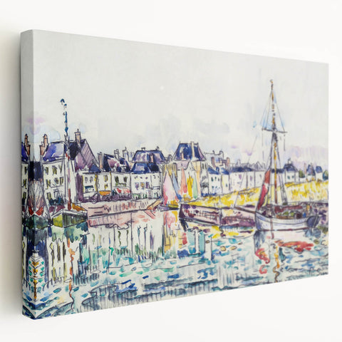 Modern Wall Art: Vibrant Waterfront Scene with Boats and Architecture