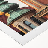 Rolled canvas artwork depicting a serene landscape featuring a majestic castle surrounded by lush greenery and a clear blue sky, perfect for home decor.