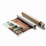 Rolled print showcasing a stunning landscape featuring a majestic castle surrounded by lush greenery and a serene sky, elegantly packaged in a protective tube.