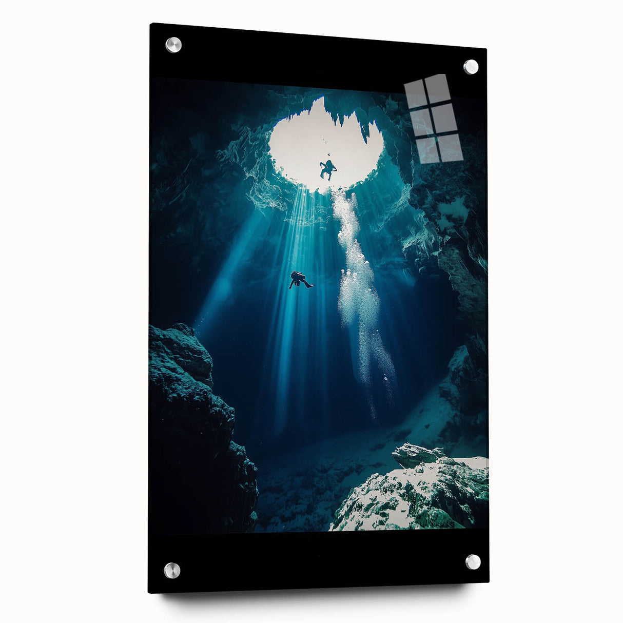 Acrylic glass artwork depicting a vibrant landscape scene, showcasing intricate cave details and textures, elegantly displayed with pins for a modern aesthetic.