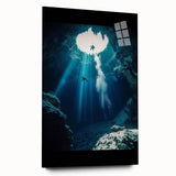 Acrylic glass artwork showcasing a vibrant landscape scene with intricate cave details, viewed from the side, ideal for modern home decor and art enthusiasts.