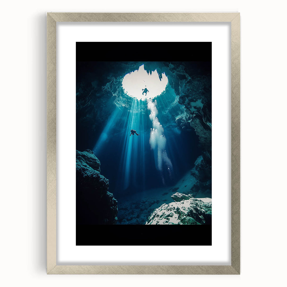 Framed landscape artwork depicting a serene cave scene, featuring a silver mat and elegant border, ideal for enhancing home decor with natural beauty.