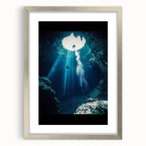 Framed landscape artwork depicting a serene cave scene, featuring a silver mat and elegant border, ideal for enhancing home decor with natural beauty.