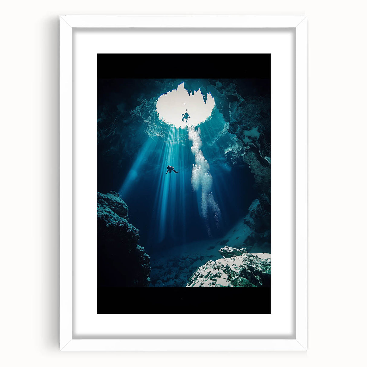 Framed landscape artwork showcasing a serene cave scene, featuring earthy tones and intricate details, presented in a white mat for a polished look. Ideal for home decor enthusiasts seeking nature-inspired aesthetics.