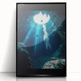 Framed acrylic artwork showcasing a stunning landscape of caves, featuring rich colors and intricate details, presented in a sleek black frame, ideal for modern decor.