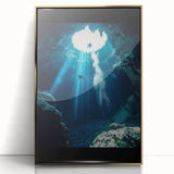 Framed acrylic artwork depicting a stunning landscape with intricate cave formations, highlighted by a luxurious gold frame, perfect for enhancing any modern decor.