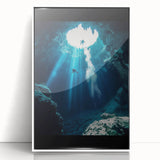 Framed acrylic artwork showcasing a stunning cave landscape with rich colors and intricate details, perfect for modern home decor. The white frame enhances the vibrant imagery.