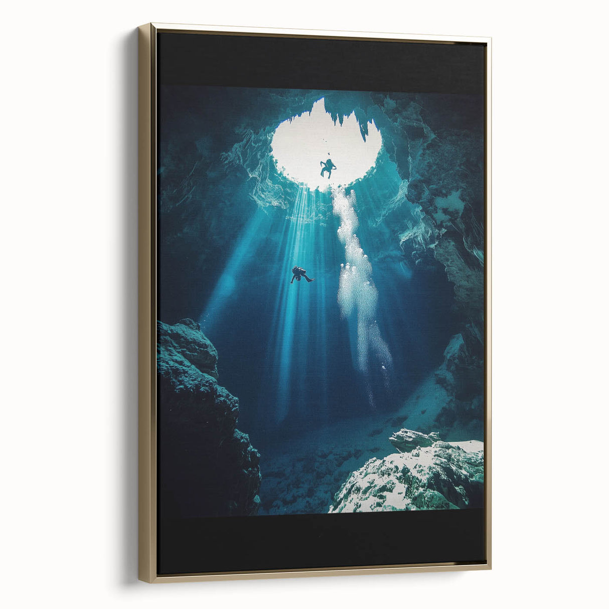 Framed canvas artwork showcasing a vibrant landscape with intricate cave details, featuring a gold side profile, ideal for enhancing modern decor.