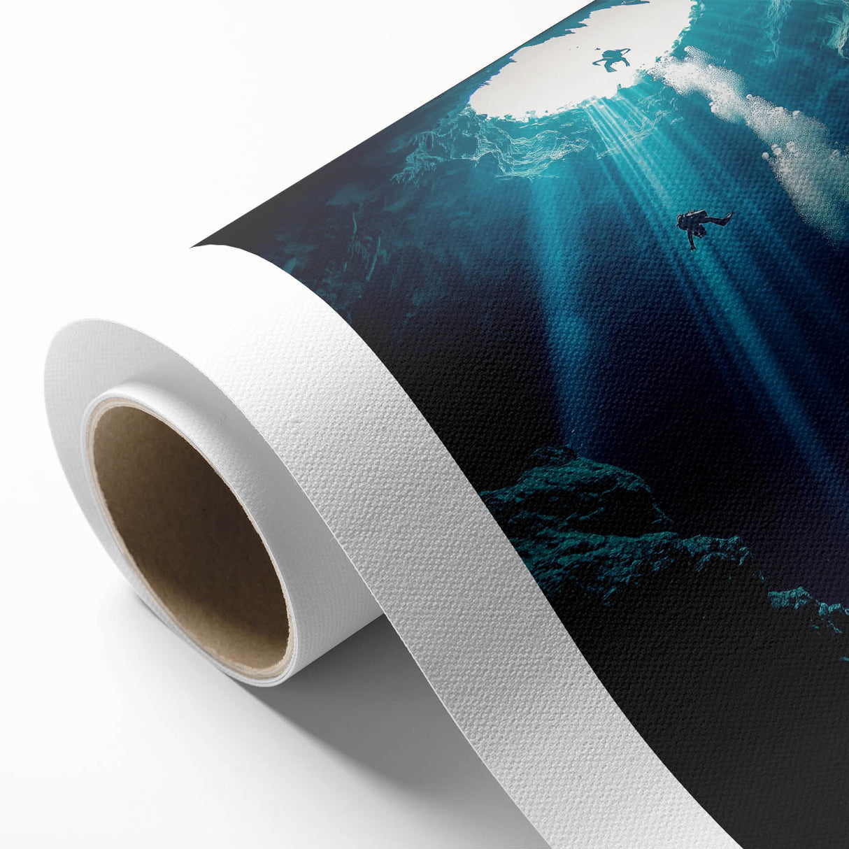 Rolled canvas print showcasing a stunning landscape design featuring intricate cave formations and earthy tones, elegantly packaged for protection in a sturdy tube.