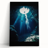 Stretched canvas artwork showcasing a serene landscape with caves, featuring rich earth tones and textured details. Perfect for enhancing home decor with a natural theme.